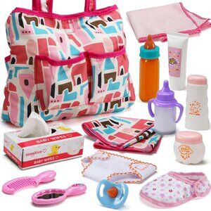 🆕 Baby Doll Play Set Pink Feeding Diaper Bag Magic Bottle Changing Mat Toddler